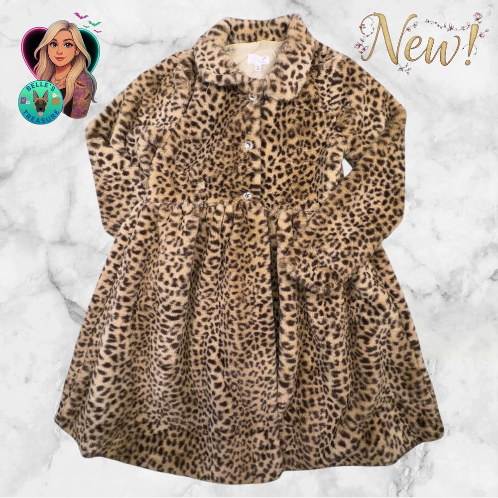 Kids Girls‎ 8 Leopard Print Faux Fur Princess Cut Pea Coat Dress Coat Fuzzy Soft
